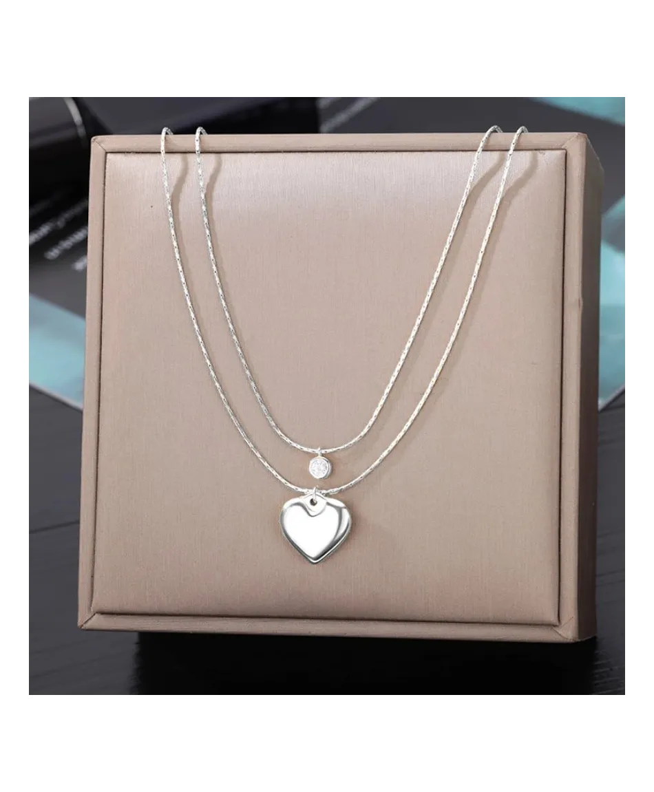 Naszyjnik stal srebrny podwójny pompowane serduszko z cyrkonią