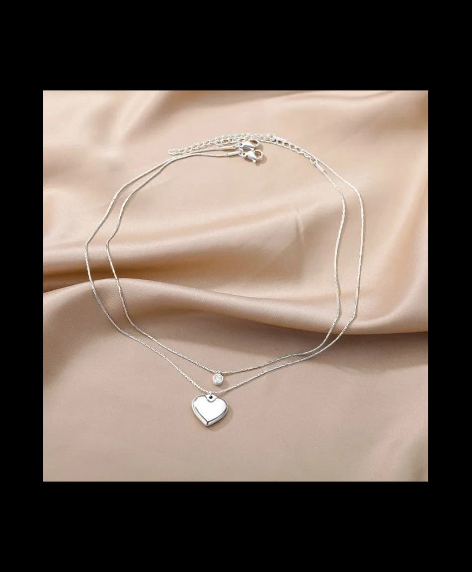 Naszyjnik stal srebrny podwójny pompowane serduszko z cyrkonią