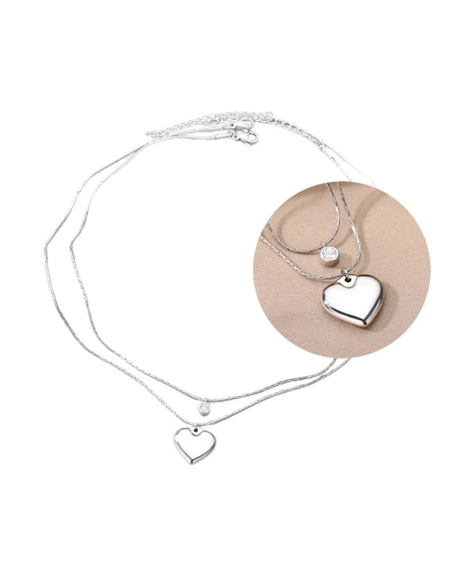 Naszyjnik stal srebrny podwójny pompowane serduszko z cyrkonią